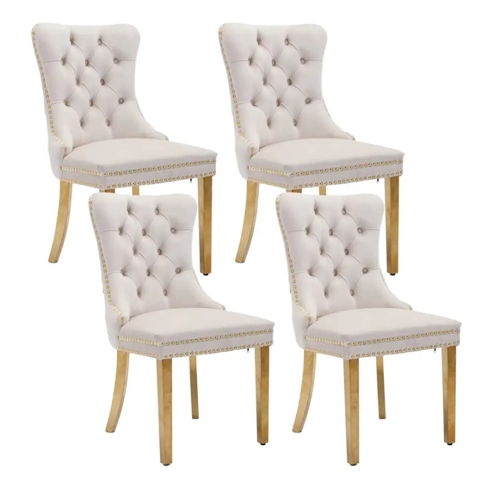 AADEN 4x Velvet Dining Chairs with Golden Metal Legs-Beige - Furniture > Dining > Dining Set