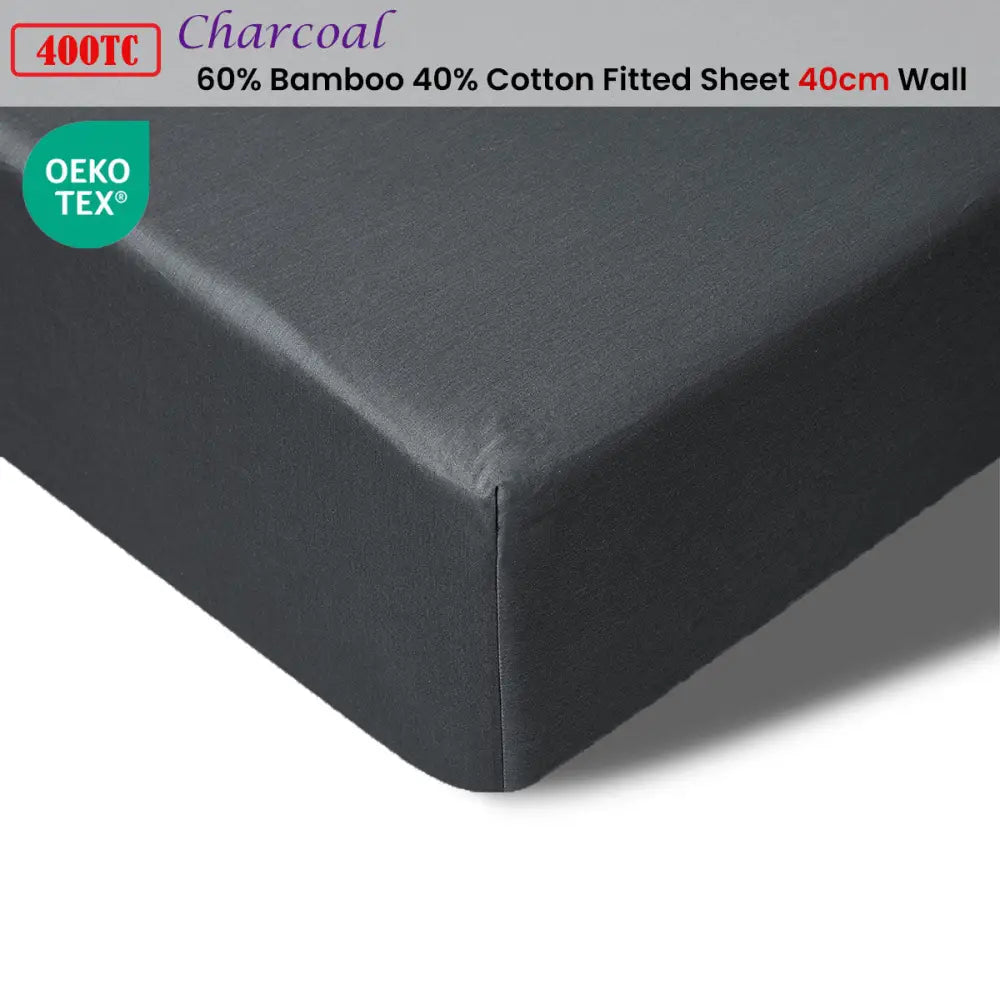 Accessorize 400TC Charcoal Bamboo Cotton Fitted Sheet 40cm Wall Double - Home & Garden > Bedding > Bed Sheets