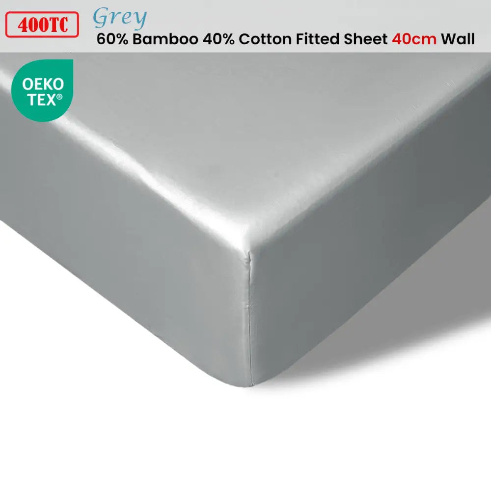 Accessorize 400TC Grey Bamboo Cotton Fitted Sheet 40cm Wall Single - Home & Garden > Bedding > Bed Sheets
