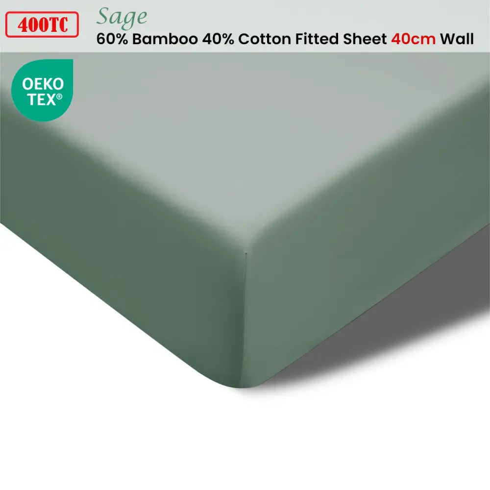 Accessorize 400TC Sage Bamboo Cotton Fitted Sheet 40cm Wall Double - Home & Garden > Bedding > Bed Sheets