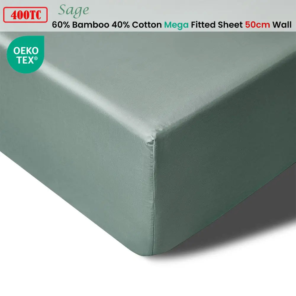 Accessorize 400TC Sage Bamboo Cotton Mega / Super Fitted Sheet 50cm Wall King - Home & Garden > Bedding > Bed Sheets