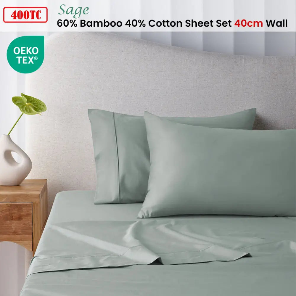 Accessorize 400TC Sage Bamboo Cotton Sheet Set 40cm Wall King Single - Home & Garden > Bedding > Bed Sheets