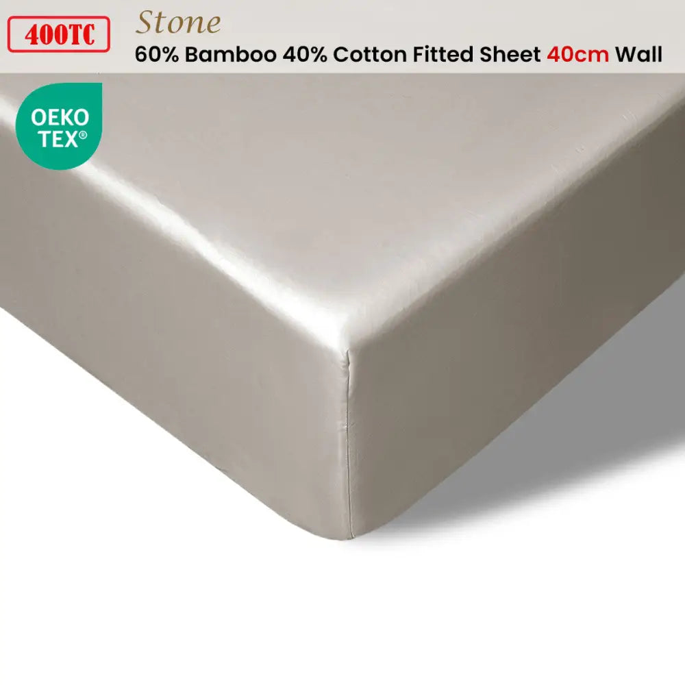 Accessorize 400TC Stone Bamboo Cotton Fitted Sheet 40cm Wall Single - Home & Garden > Bedding > Bed Sheets