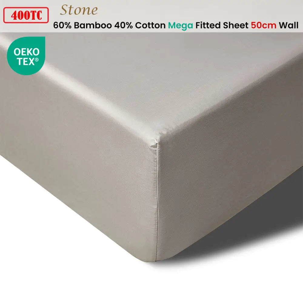 Accessorize 400TC Stone Bamboo Cotton Mega / Super Fitted Sheet 50cm Wall Queen - Home & Garden > Bedding > Bed Sheets