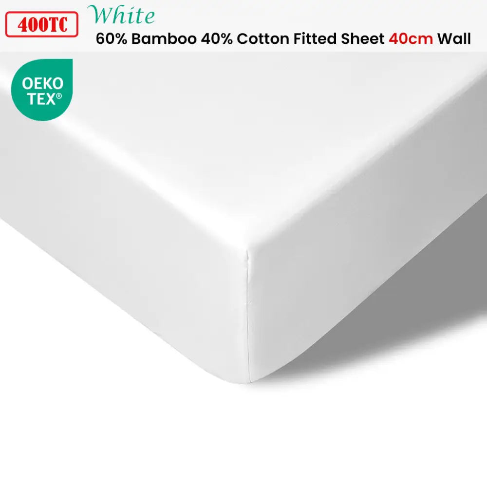 Accessorize 400TC White Bamboo Cotton Fitted Sheet 40cm Wall Single - Home & Garden > Bedding > Bed Sheets
