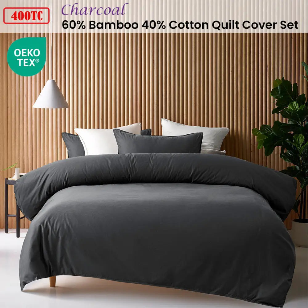 Accessorize Charcoal 400TC Charcoal Bamboo Cotton Double Stitched Quilt Cover Set Double - Home & Garden > Bedding >