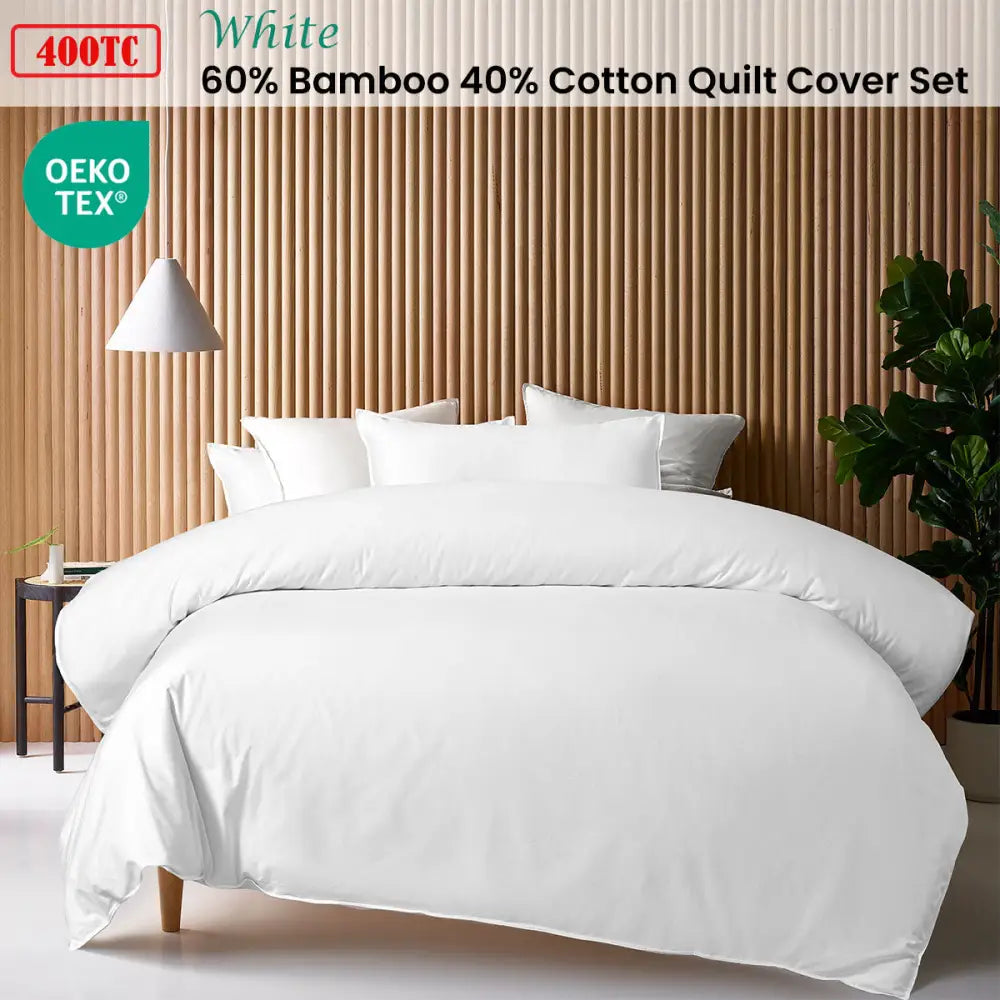 Accessorize White 400TC White Bamboo Cotton Double Stitched Quilt Cover Set Queen - Home & Garden > Bedding > Bed Sheets