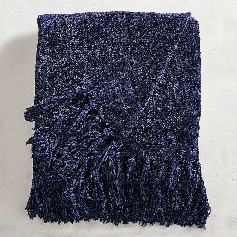 Acrylic Chenille Tassel Knitted Blanket Bed Sofa Throw Rug 150 x 200 cm (Blue) - Home & Garden > Rugs
