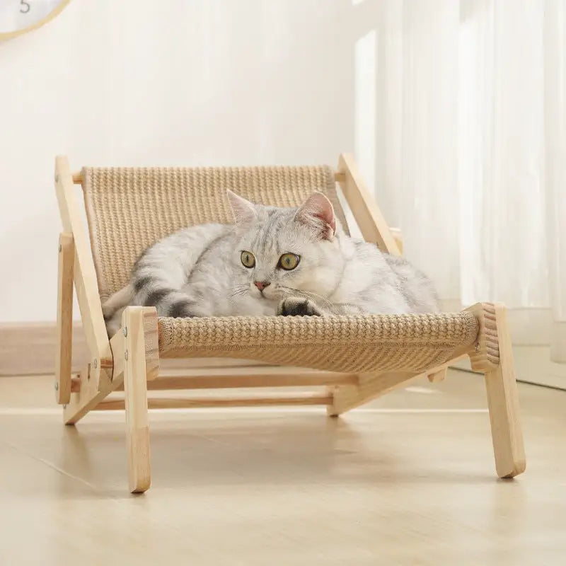 Adjustable Wooden Cat Lounge Chair - Comfortable Woven Hammock for Cats - Pet Care > Cat Supplies > Cat Furniture