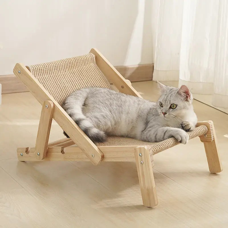 Adjustable Wooden Cat Lounge Chair - Comfortable Woven Hammock for Cats - Pet Care > Cat Supplies > Cat Furniture