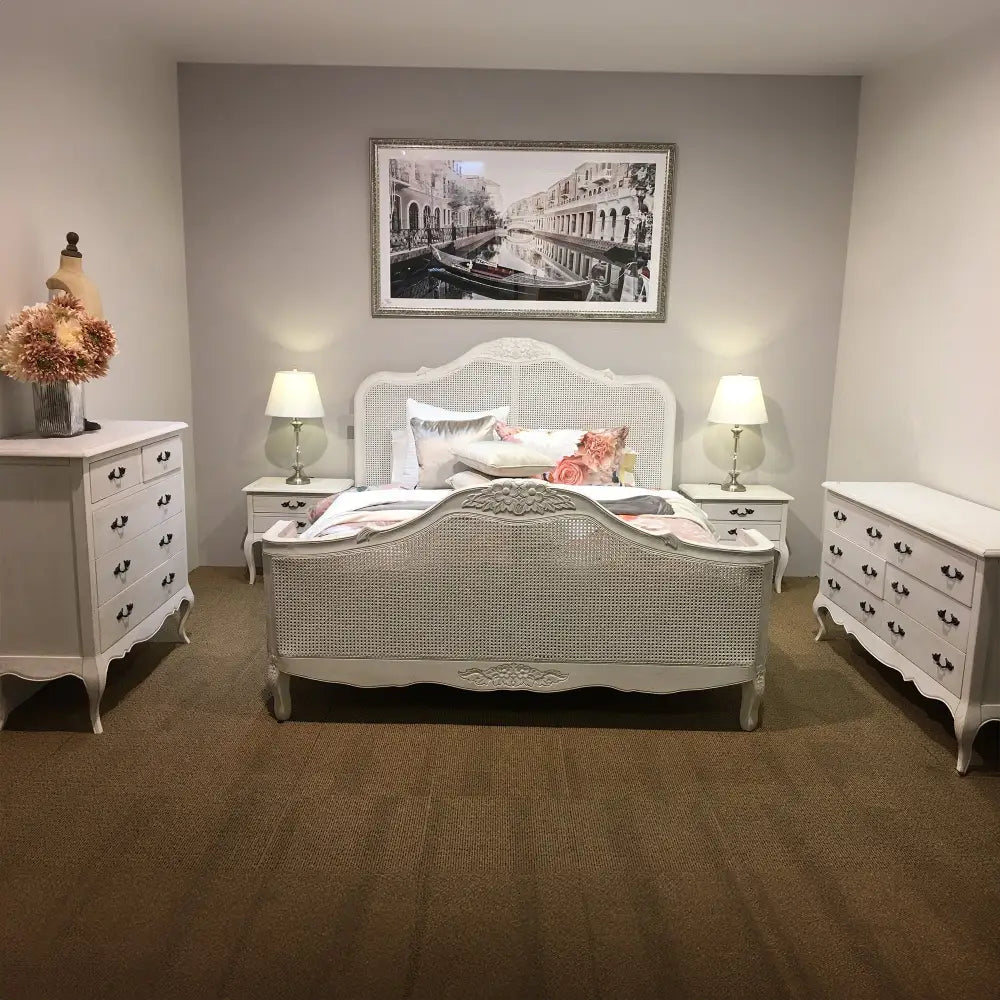 Alice King Size Bed Frame Rattan Timber Wood Mattress Base Distressed White - Furniture > Bedroom