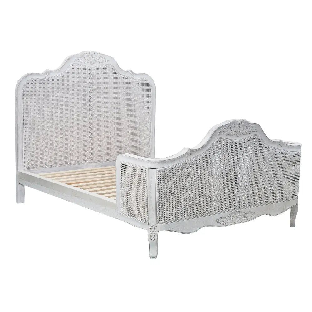 Alice King Size Bed Frame Rattan Timber Wood Mattress Base Distressed White - Furniture > Bedroom