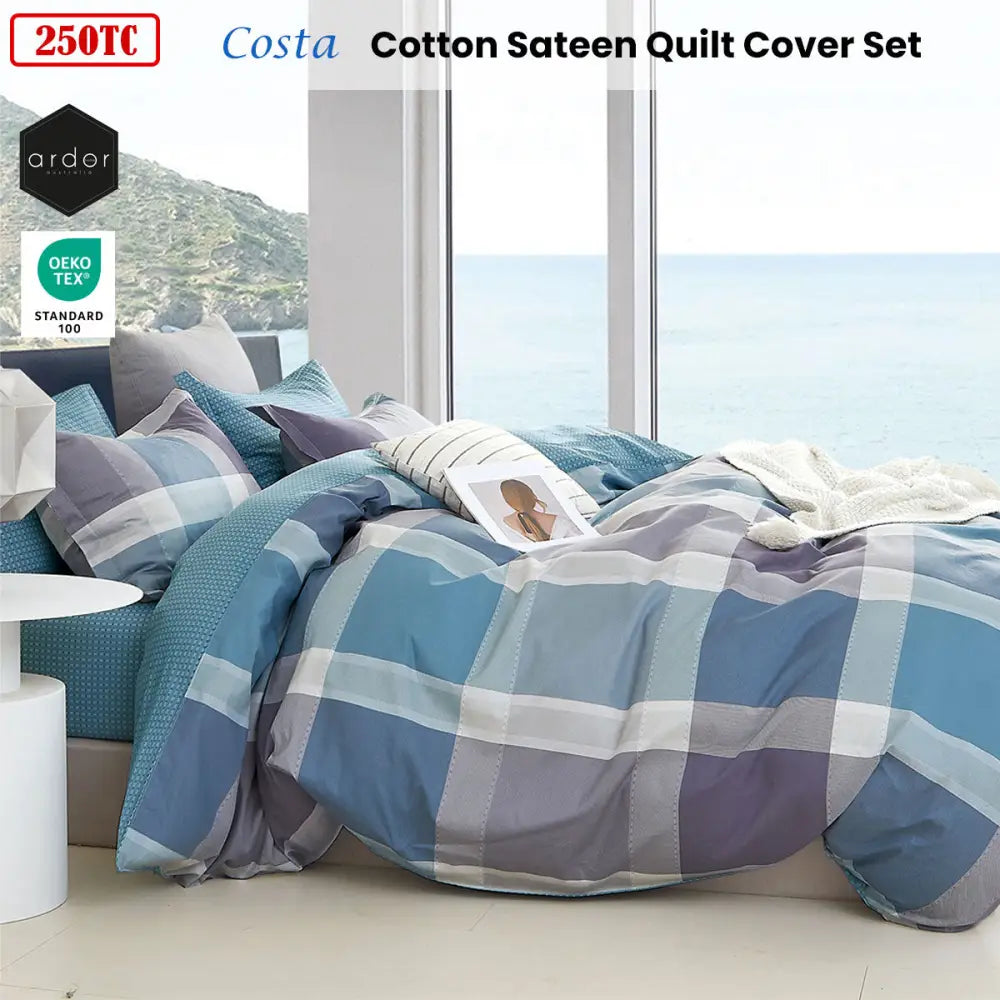 Ardor 250TC Costa Check Cotton Sateen Quilt Cover Set King - Home & Garden > Bedding > Bed Sheets