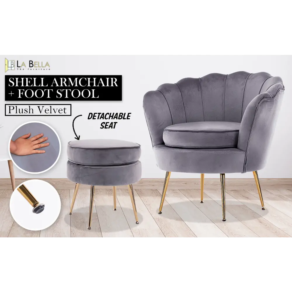 Armchair Lounge Chair Accent Velvet Shell Scallop + Ottoman Footstool Round GREY - Furniture > Bedroom > Bedside Tables