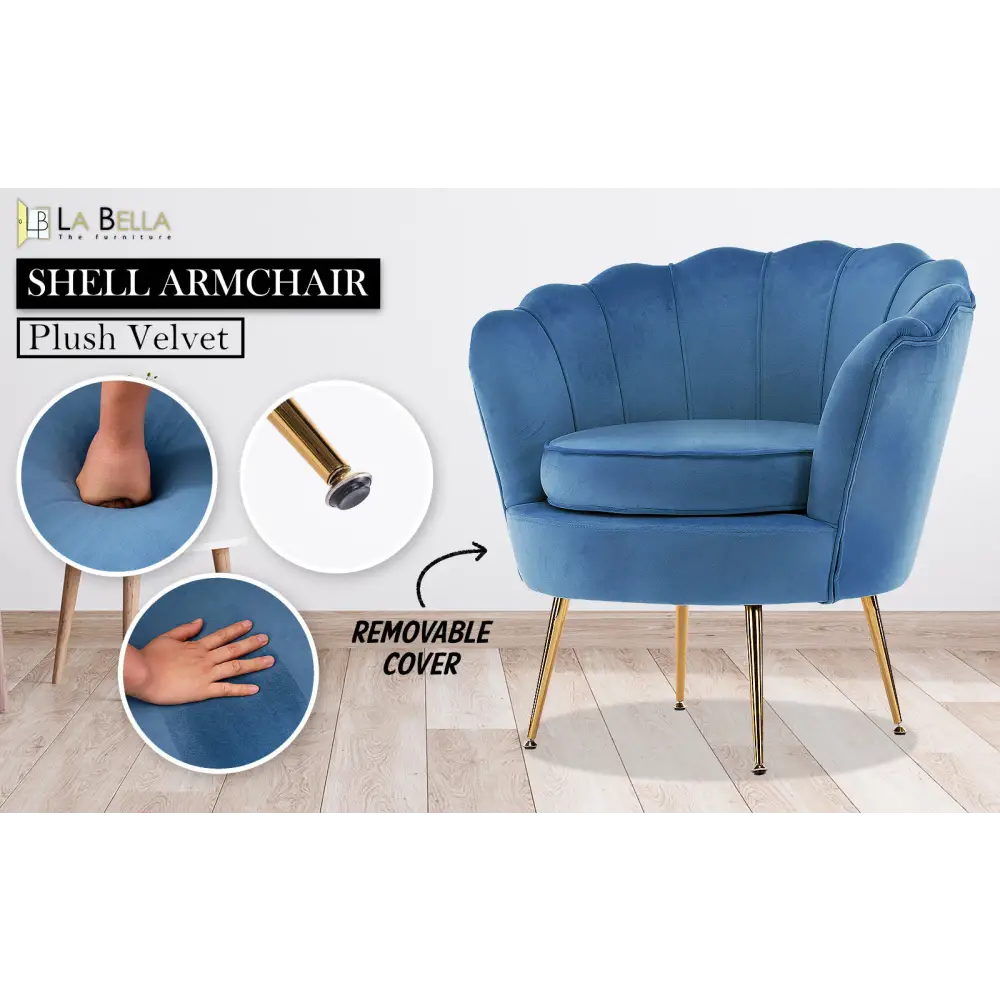 Armchair Padded Lounge Chair Accent Velvet Shell Scallop NAVY BLUE - Furniture > Bedroom > Bedside Tables