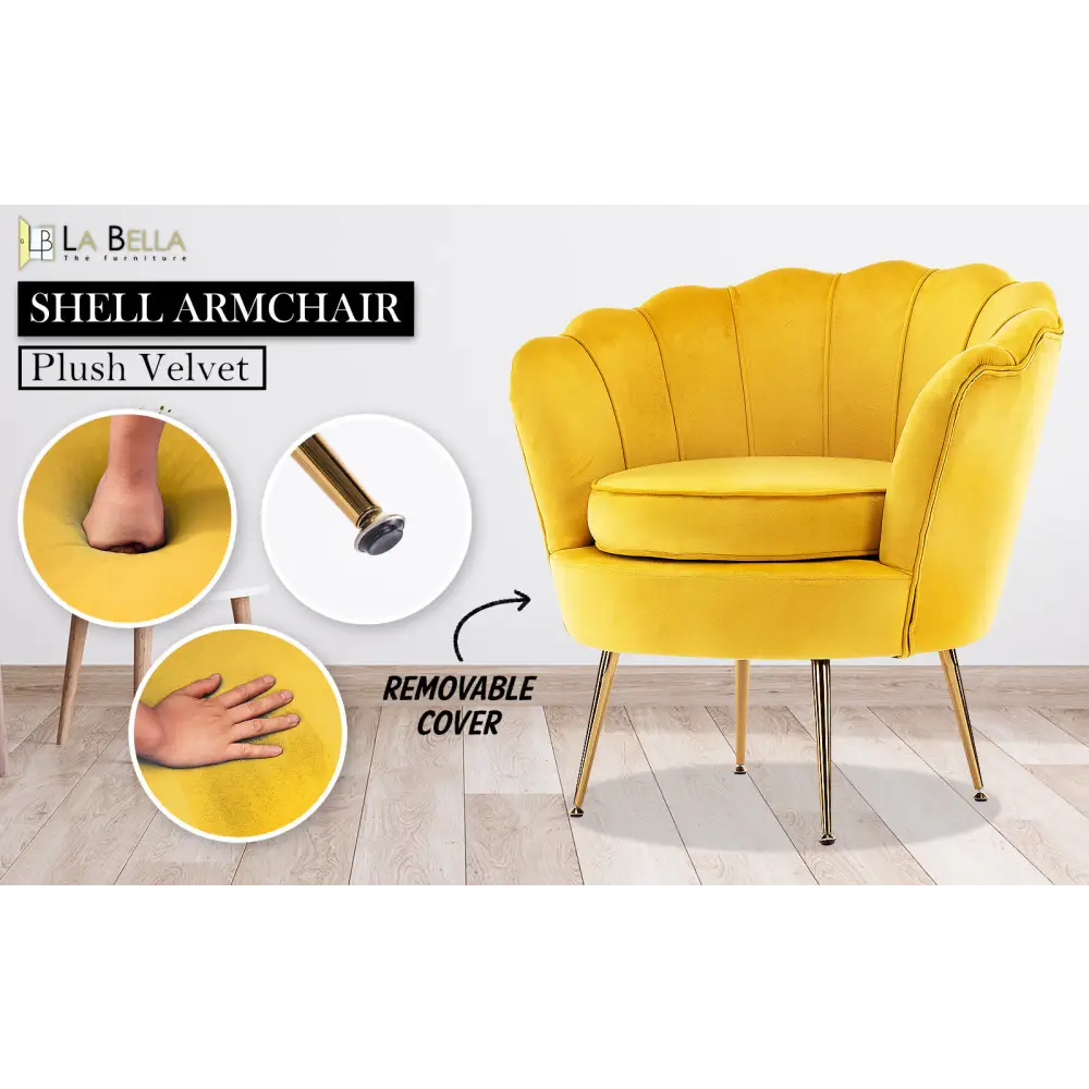 Armchair Padded Lounge Chair Accent Velvet Shell Scallop YELLOW - Furniture > Bedroom > Bedside Tables