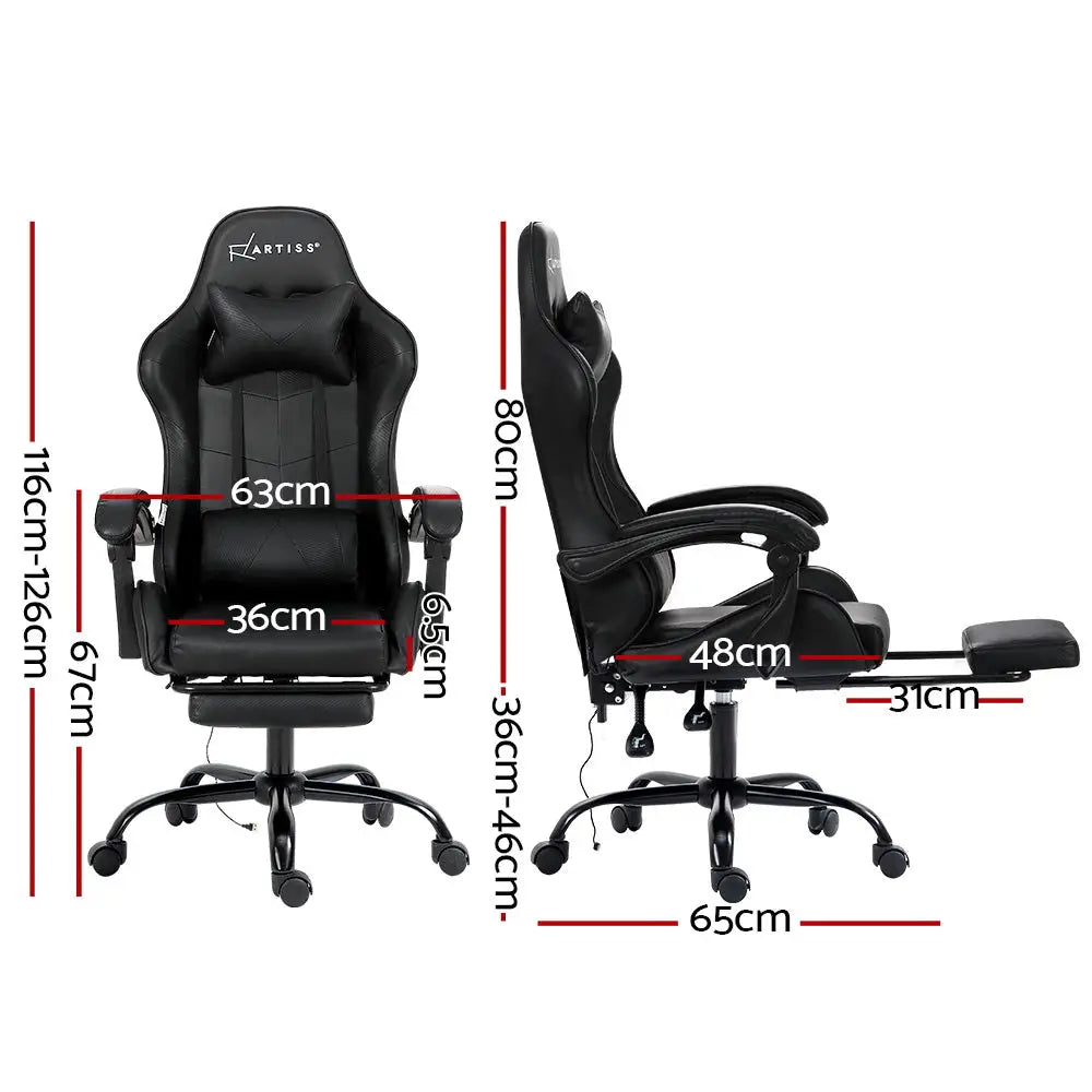 Artiss 2 Point Massage Gaming Office Chair Footrest Black - Furniture > Office