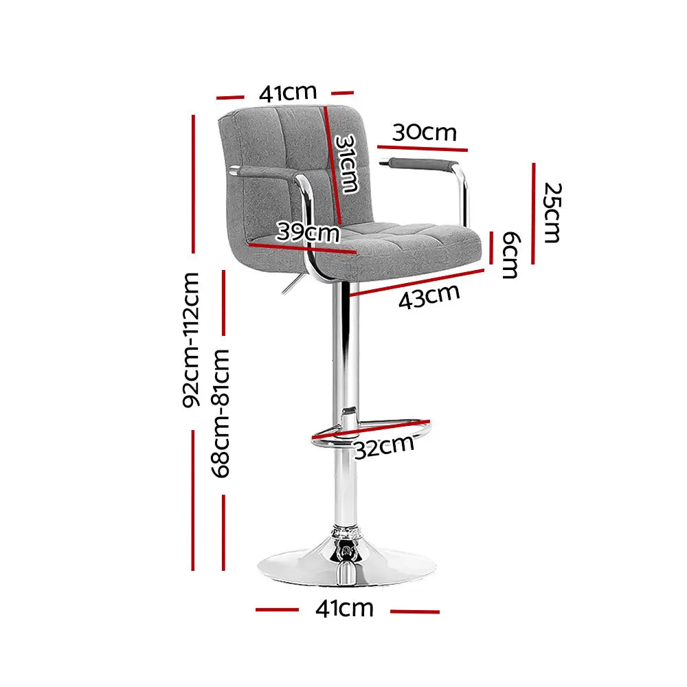 Artiss 2x Bar Stools Fabric Gas Lift w/Armrest Grey - Furniture > Bar Stools & Chairs