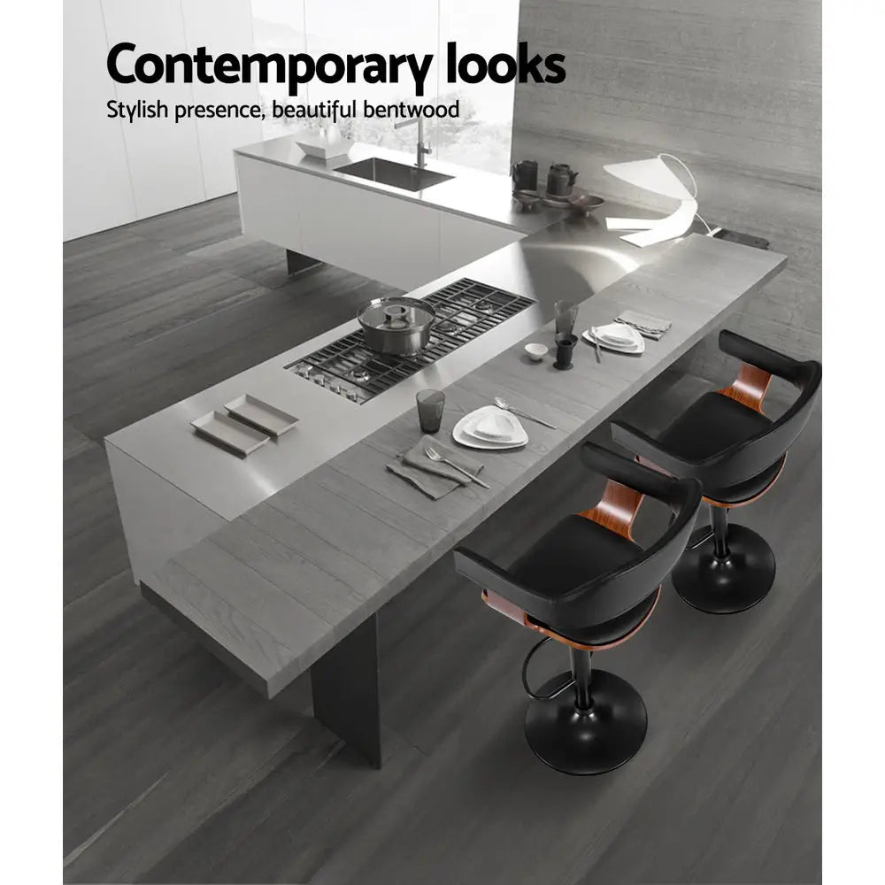 Artiss 2x Bar Stools Gas Lift Leather w/Armrest All Black - Furniture > Bar Stools & Chairs > Table & Bar Stools
