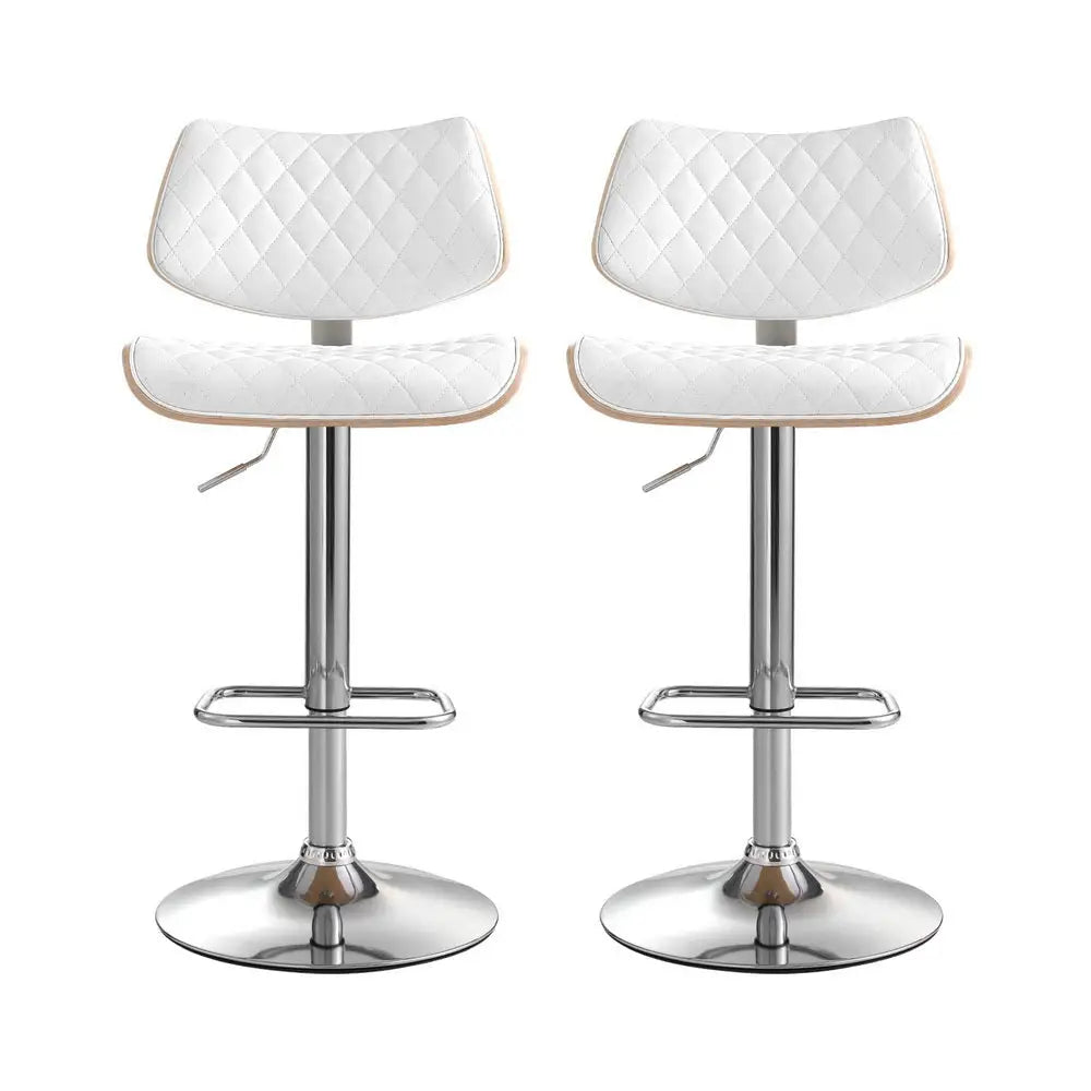 Artiss 2x Bar Stools Kitchen Dining Chairs Gas Lift Stool Wooden Leather White - Furniture > Bar Stools & Chairs >