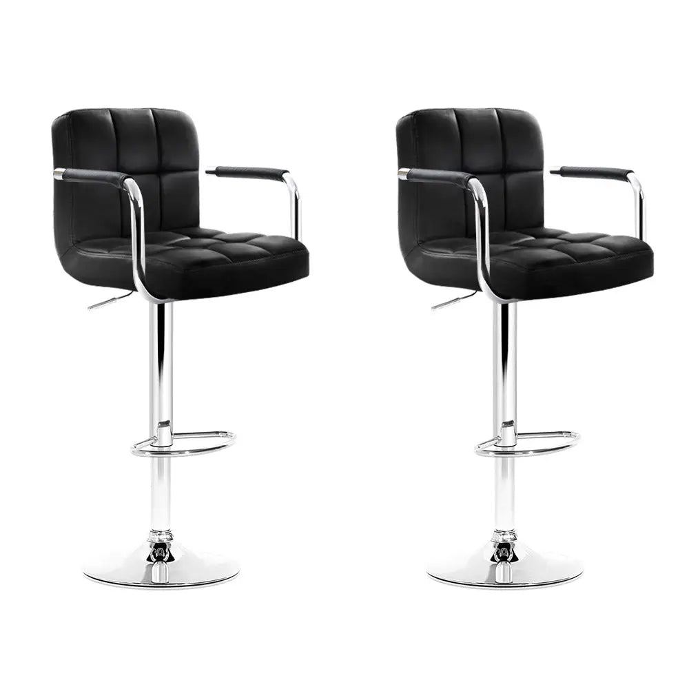 Artiss 2x Bar Stools Leather Gas Lift w/Armrest Black - Furniture > Bar Stools & Chairs