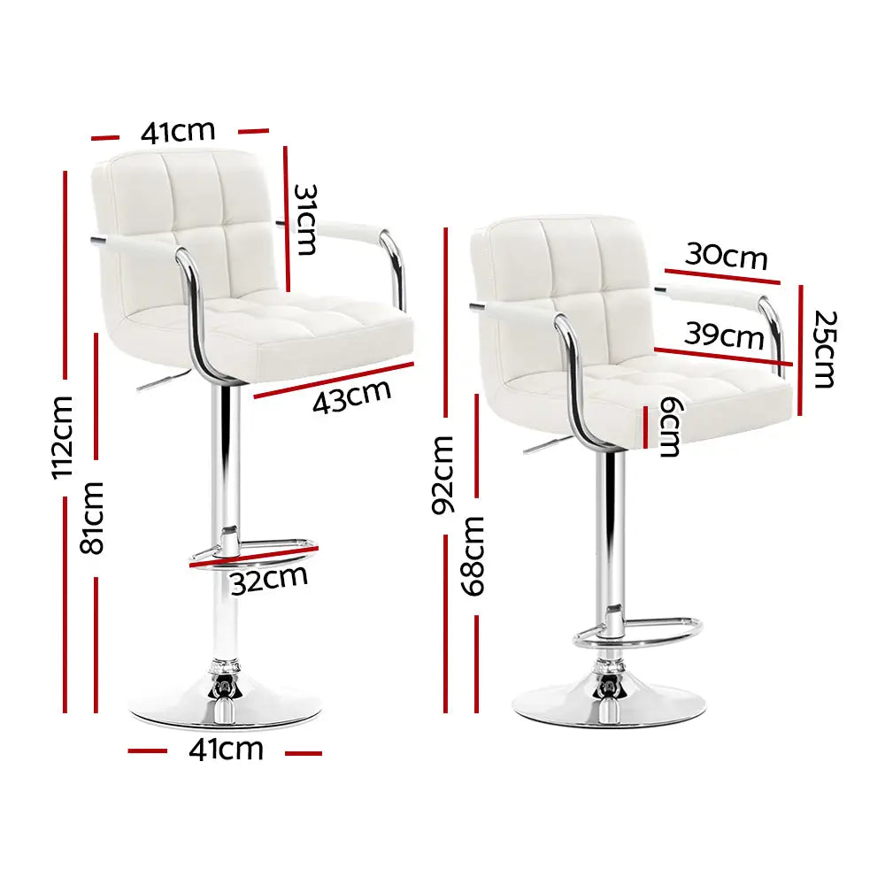 Artiss 2x Bar Stools Leather Gas Lift w/Armrest White - Furniture > Bar Stools & Chairs