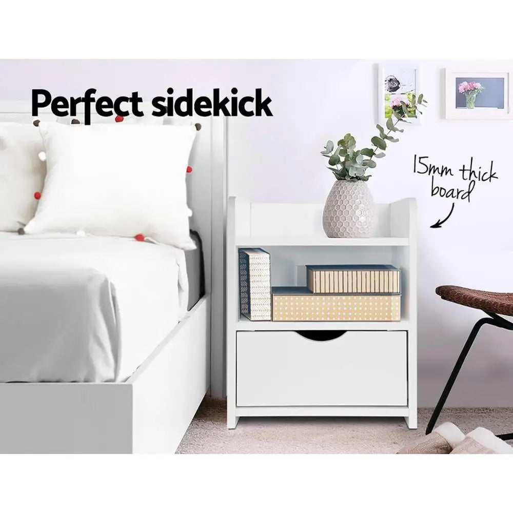 Artiss 2X Bedside Table 1 Drawer with Shelf - FARA White - Furniture > Bedroom > Bedside Tables