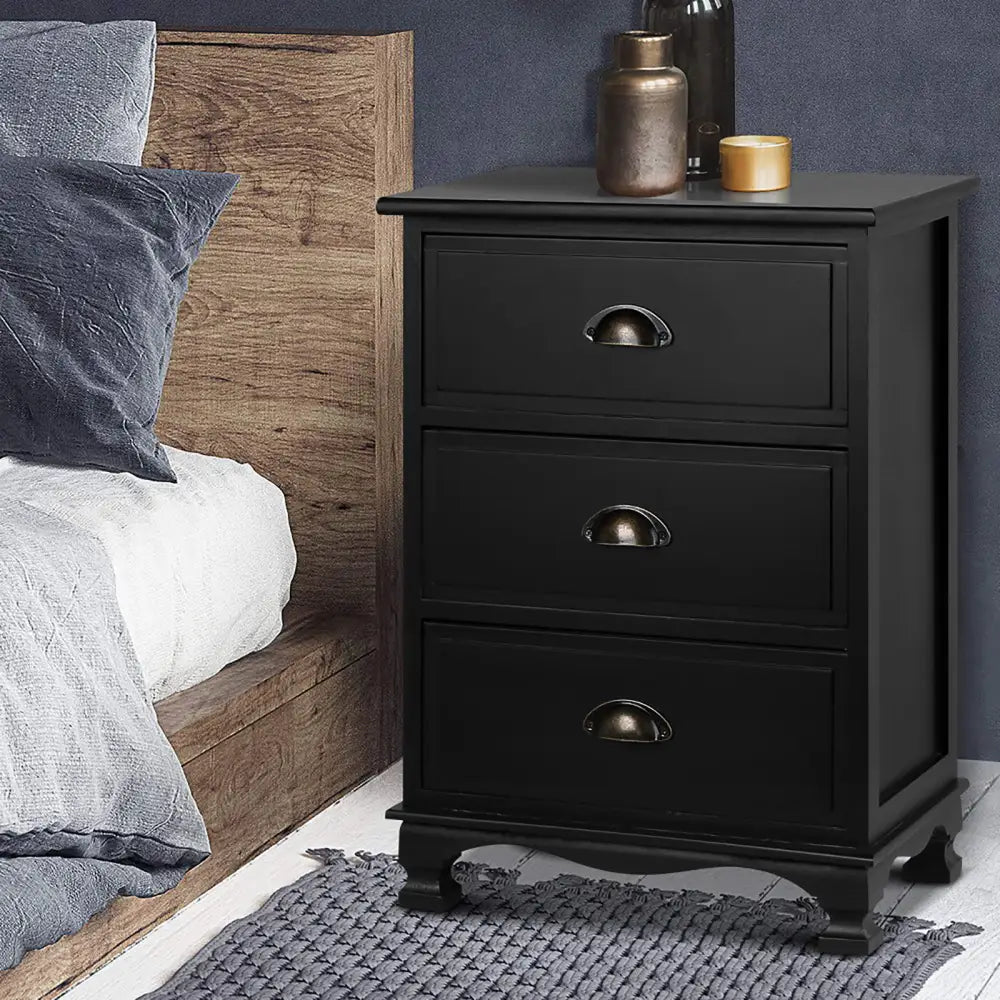 Artiss 2x Bedside Table 3 Drawers Vintage - THYME Black - Furniture > Bedroom > Bedside Tables