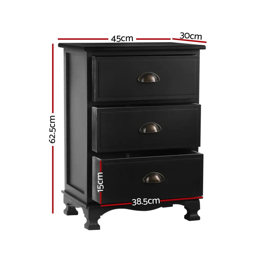Artiss 2x Bedside Table 3 Drawers Vintage - THYME Black - Furniture > Bedroom > Bedside Tables