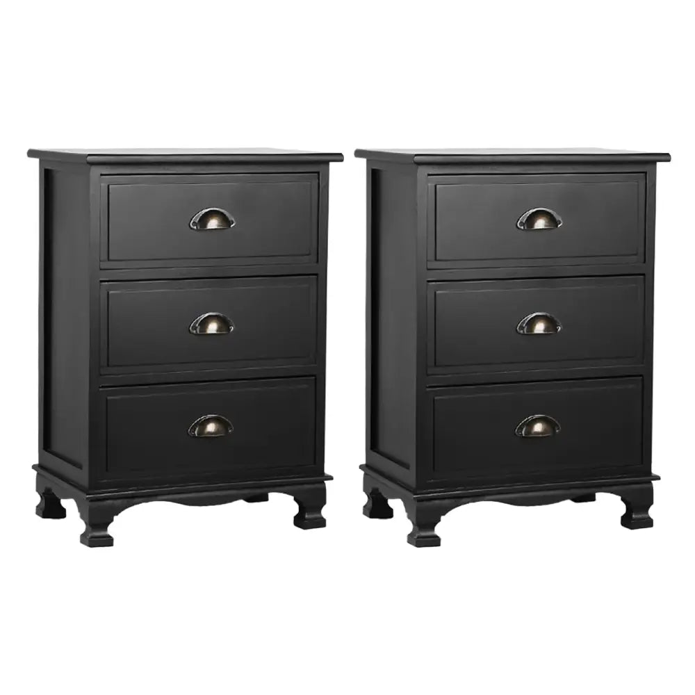 Artiss 2x Bedside Table 3 Drawers Vintage - THYME Black - Furniture > Bedroom > Bedside Tables
