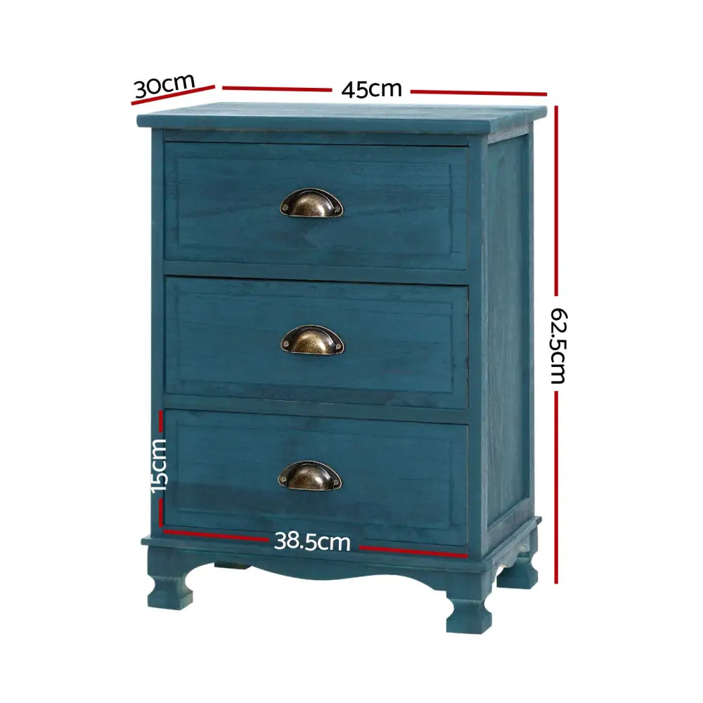 Artiss 2x Bedside Table 3 Drawers Vintage - THYME Blue - Furniture > Bedroom > Bedside Tables