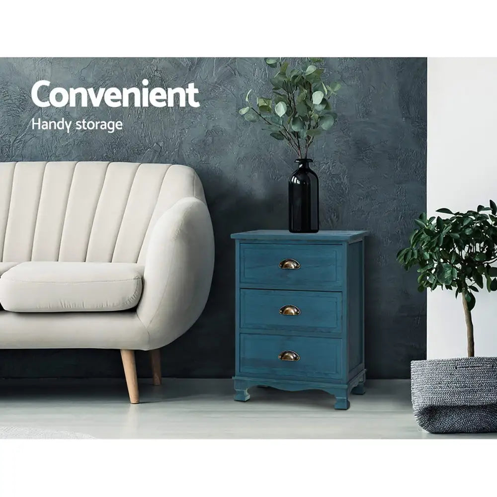 Artiss 2x Bedside Table 3 Drawers Vintage - THYME Blue - Furniture > Bedroom > Bedside Tables