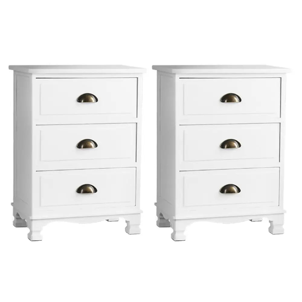 Artiss 2x Bedside Table 3 Drawers Vintage - THYME White - Furniture > Bedroom > Bedside Tables
