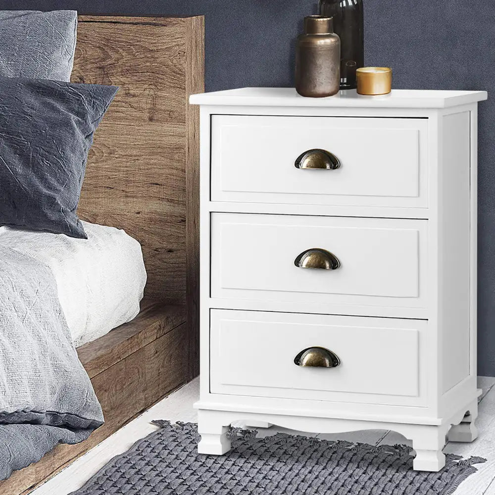 Artiss 2x Bedside Table 3 Drawers Vintage - THYME White - Furniture > Bedroom > Bedside Tables