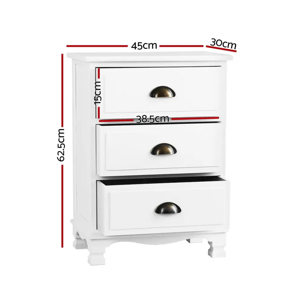 Artiss 2x Bedside Table 3 Drawers Vintage - THYME White - Furniture > Bedroom > Bedside Tables