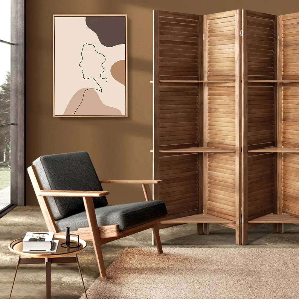 Artiss 4 Panel Room Divider Screen 163x170cm Shelf Oak - Furniture > Living Room