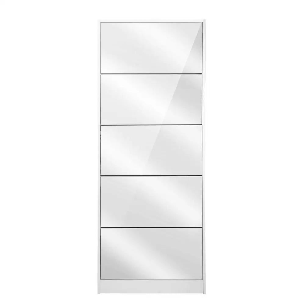 Artiss 5 Drawer Mirrored Wooden Shoe Cabinet - White - Home & Garden > Storage