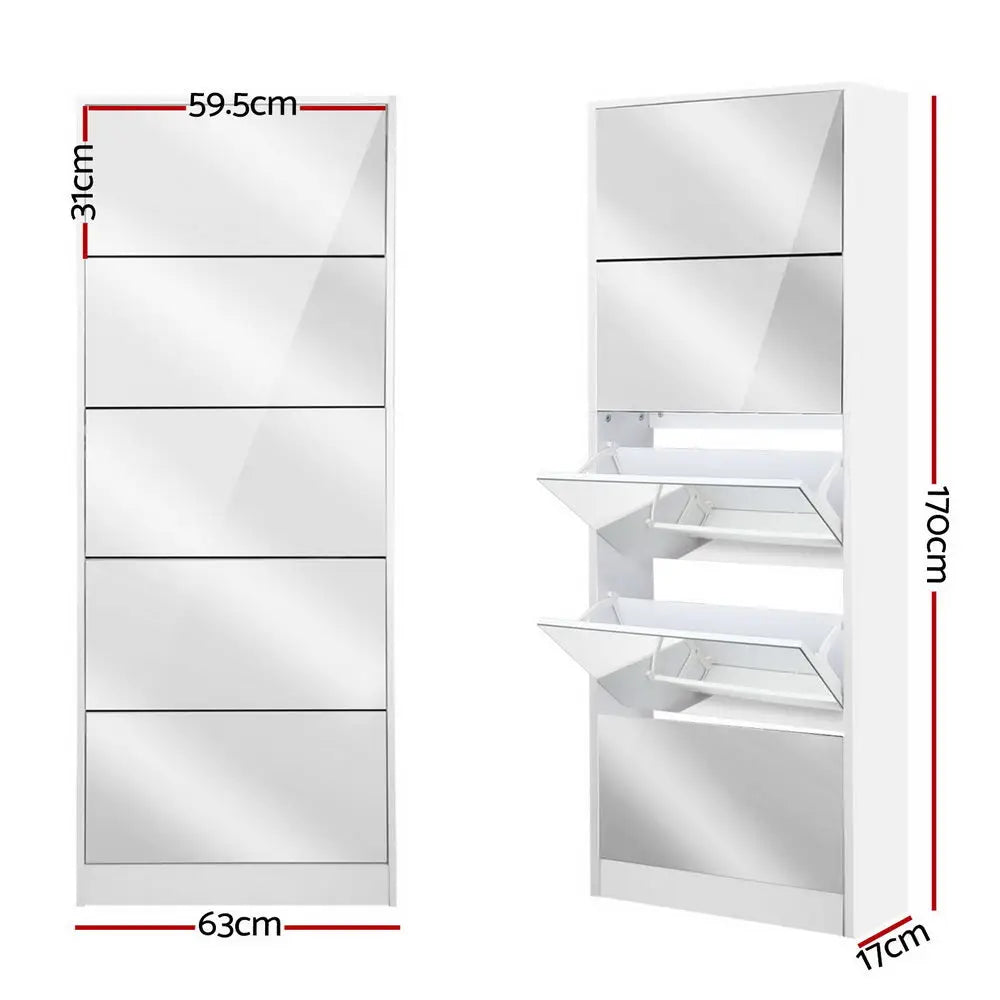 Artiss 5 Drawer Mirrored Wooden Shoe Cabinet - White - Home & Garden > Storage