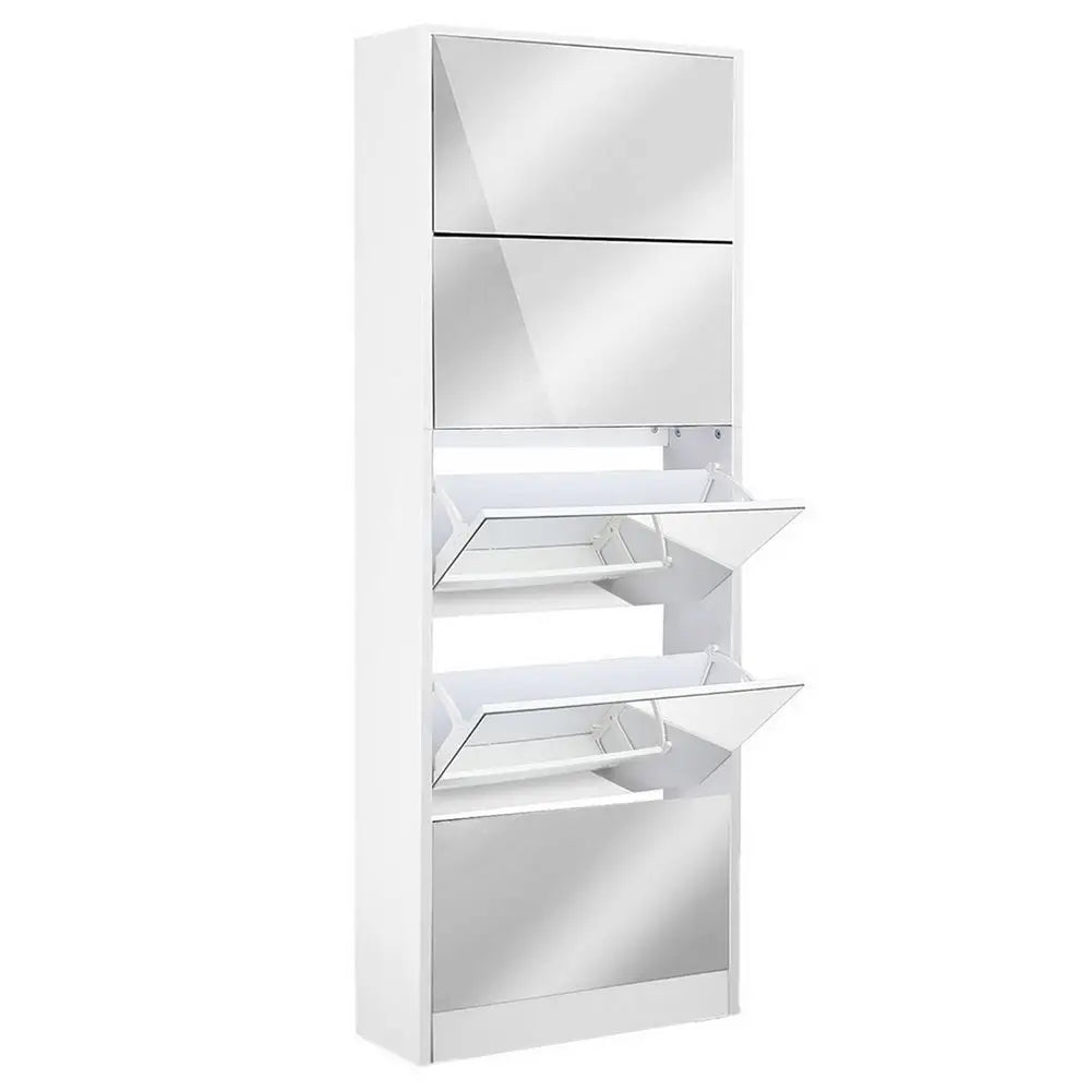 Artiss 5 Drawer Mirrored Wooden Shoe Cabinet - White - Home & Garden > Storage