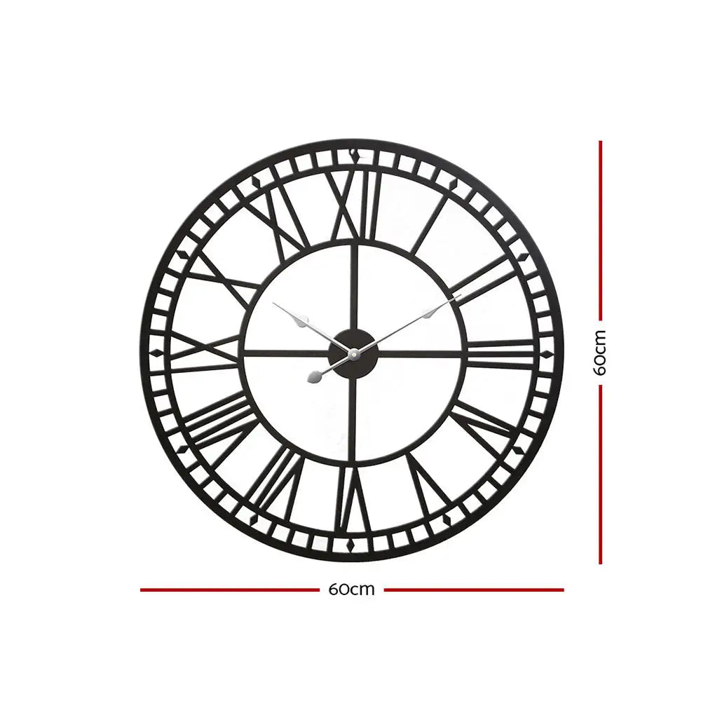 Artiss 60cm Wall Clock Large Roman Numerals Metal Black - Home & Garden > Decor > Clocks