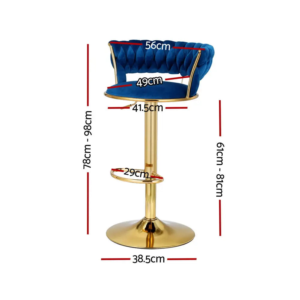 Artiss Bar Stools Gas Lift Velvet Woven Backrest Navy - Furniture > Bar Stools & Chairs