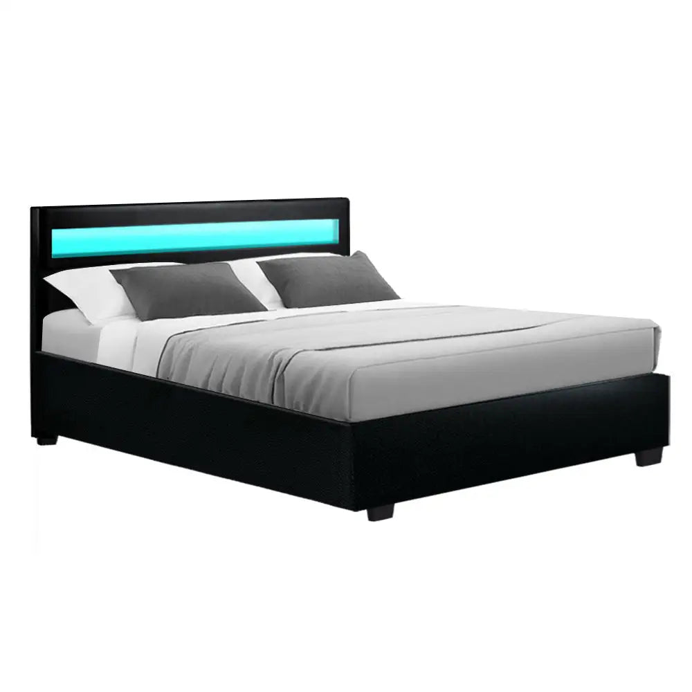 Artiss Bed Frame Double Size LED Gas Lift Black COLE - Furniture > Bedroom