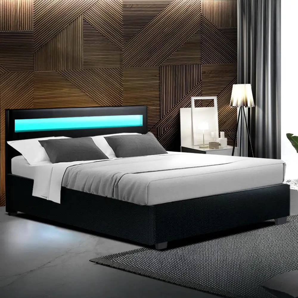 Artiss Bed Frame Double Size LED Gas Lift Black COLE - Furniture > Bedroom
