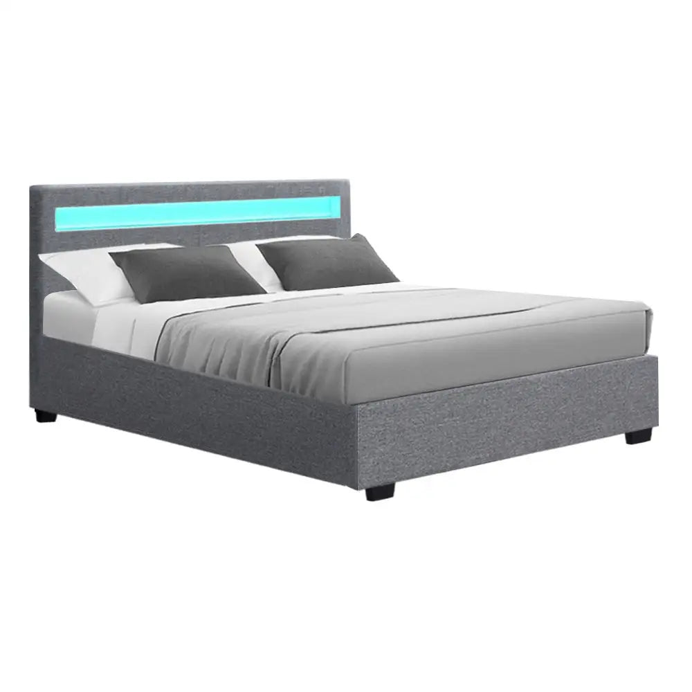Artiss Bed Frame Double Size LED Gas Lift Grey COLE - Furniture > Bedroom