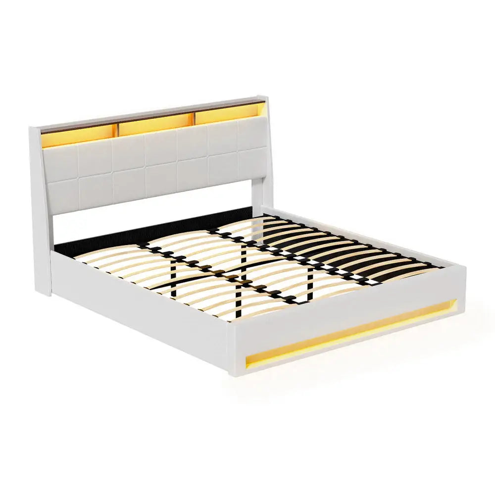 Artiss Bed Frame Gas Lift LED Beds Base Platform White PVC Leather Storage Headboard - King - Furniture > Bedroom >