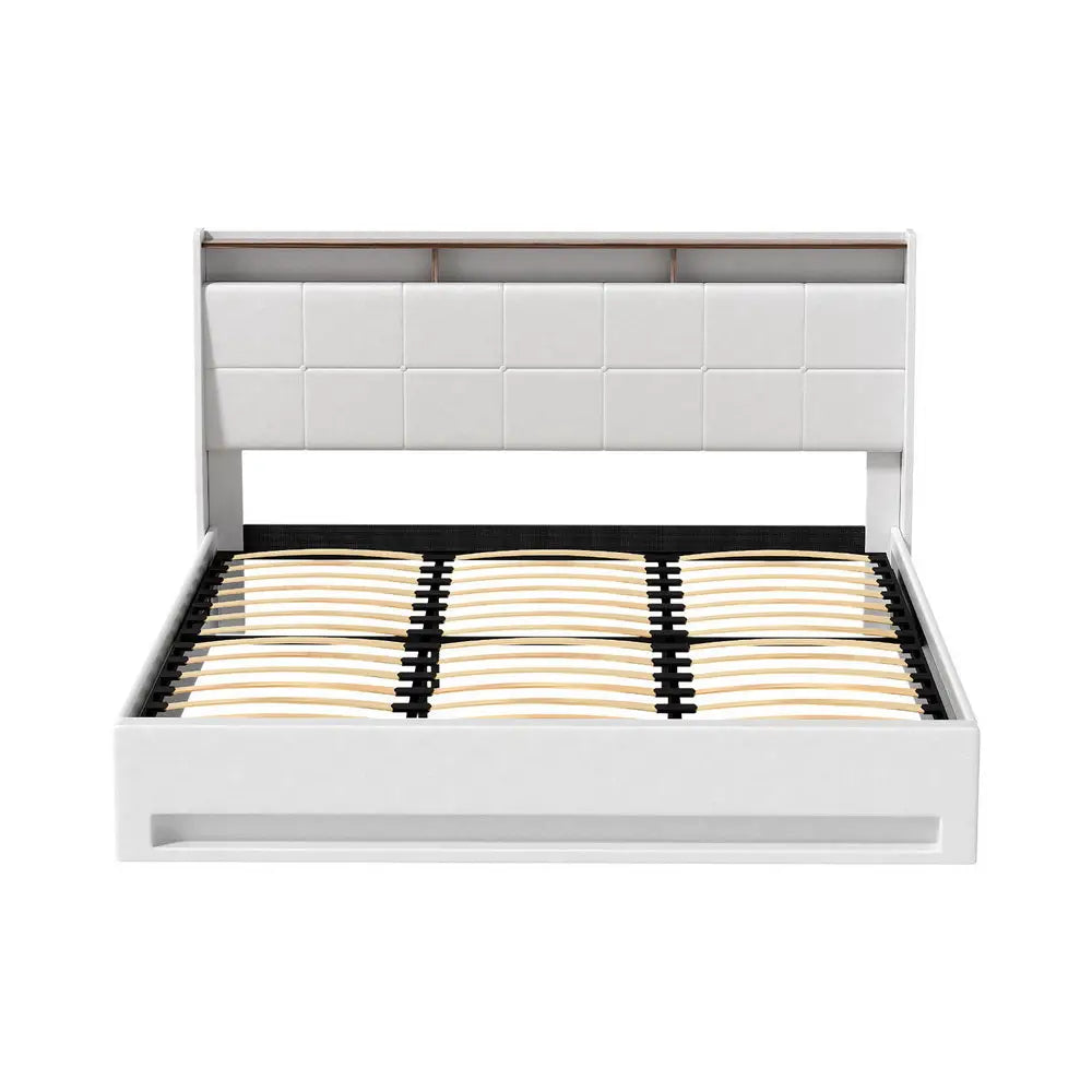 Artiss Bed Frame Gas Lift LED Beds Base Platform White PVC Leather Storage Headboard - King - Furniture > Bedroom >