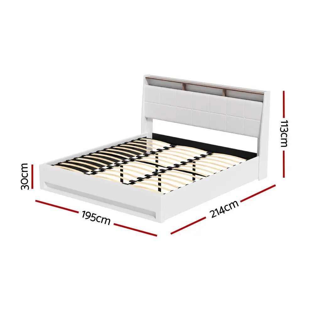 Artiss Bed Frame Gas Lift LED Beds Base Platform White PVC Leather Storage Headboard - King - Furniture > Bedroom >