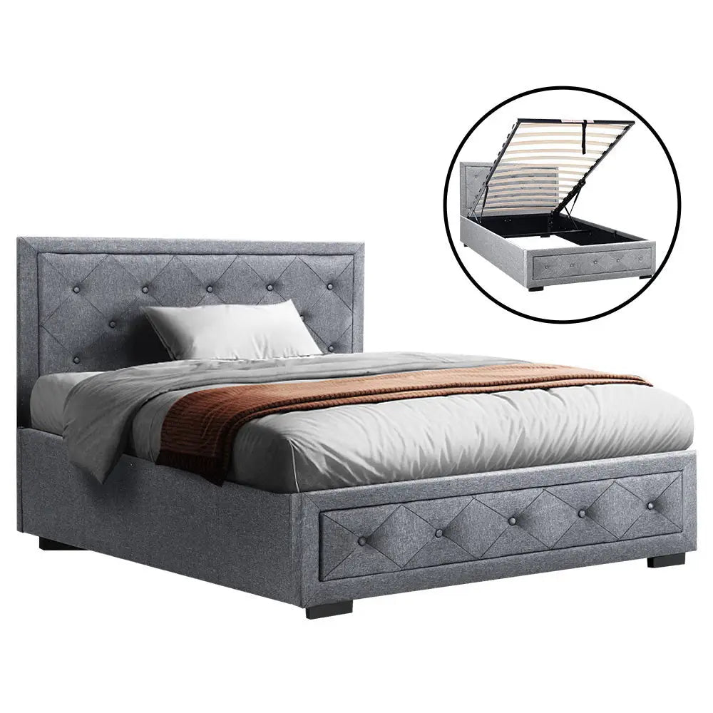 Artiss Bed Frame King Single Size Gas Lift Storage Mattress Base Wooden Grey - Furniture > Bedroom > Beds & Bed Frames