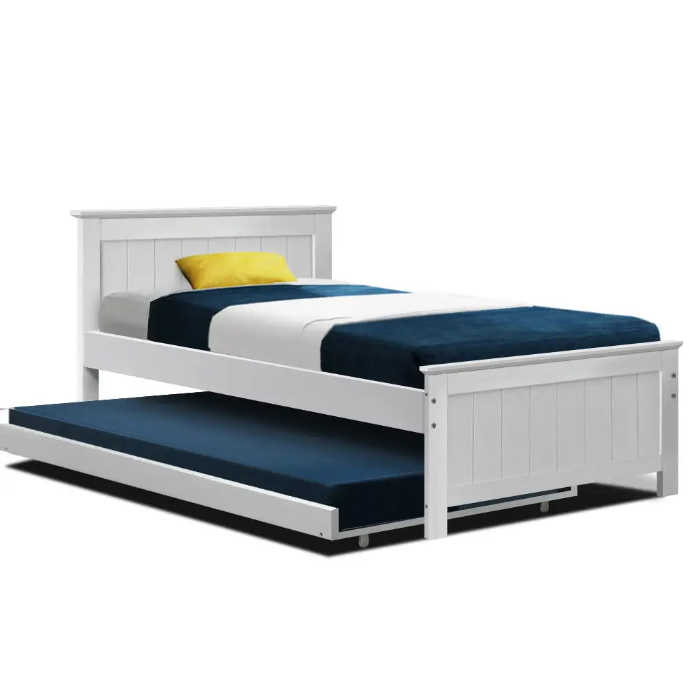 Artiss Bed Frame King Single Size Wooden Trundle Daybed White ELVIS - Furniture > Bedroom