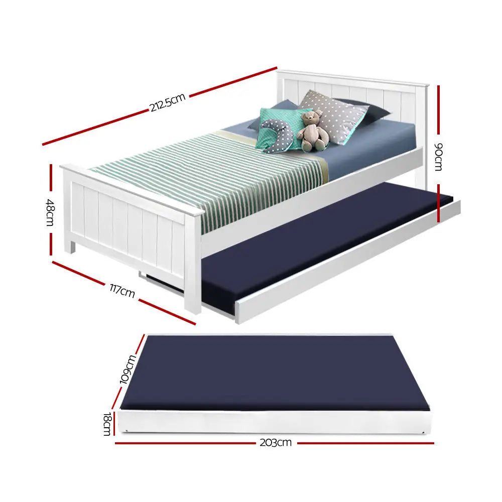Artiss Bed Frame King Single Size Wooden Trundle Daybed White ELVIS - Furniture > Bedroom